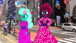 Size: 1920x1080 | Tagged: safe, artist:徐詩珮, fizzlepop berrytwist, glitter drops, tempest shadow, equestria girls, g4, clothes, equestria girls-ified, female, flower, flower in hair, japan, japanese, kimono (clothing), lesbian, ship:glittershadow, shipping, tokyo