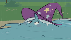 Size: 1280x720 | Tagged: safe, artist:secretgoombaman12345, trixie, goo, pony, unicorn, g4, blush sticker, blushing, clothes, curved horn, embarrassed, female, frown, hat, horn, imminent death, lidded eyes, melting, rain, solo, trixie's hat, wat, wavy mouth