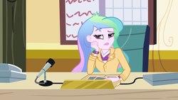 Size: 1920x1080 | Tagged: safe, screencap, princess celestia, principal celestia, equestria girls, g4, my little pony equestria girls, apathy, celestia is not amused, celestia's office, female, looking at you, microphone, reaction image, solo, tired of your shit, unamused