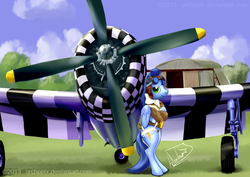 Size: 800x566 | Tagged: safe, artist:archonix, soarin', pegasus, pony, aviator goggles, aviator hat, bipedal, bipedal leaning, bomber jacket, clothes, crossed hooves, goggles, hangar, hat, jacket, leaning, male, p-47, p-47 thunderbolt, plane, republic aviation corporation, scarf, signature, smiling, solo