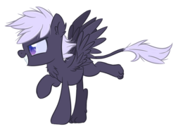 Size: 600x440 | Tagged: safe, artist:sinamuna, oc, oc only, oc:stormwake, hippogriff, hybrid, base used, cocky, colt, fangs, grin, hippogriff oc, hooves, hybrid offspring, leonine tail, male, nextgen:pandaverse, paws, pegagryph, purple eyes, purple fur, purple hair, redesign, running, smiling, solo, updated design, wings, young