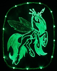 Size: 1113x1386 | Tagged: source needed, safe, artist:begasus, artist:irfp250n, queen chrysalis, changeling, changeling queen, g4, acrylic plastic, acrylight, craft, engraving, female, flying, led, mare, solo, spread wings, wings