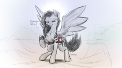 Size: 1280x720 | Tagged: safe, artist:cyclone-dusk, oc, oc only, oc:angel targical, pegasus, pony, black hair, chest fluff, lidded eyes, medical saddlebag, piercing, sketch, solo, speech, walkie talkie