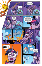 Size: 1331x2048 | Tagged: safe, artist:brenda hickey, idw, rainbow dash, spike, twilight sparkle, alicorn, dragon, pegasus, pony, friends forever #25, g4, my little pony: friends forever, spoiler:comic, adorkable, bags under eyes, blush sticker, blushing, comic, crash, cute, dashabetes, dialogue, dork, female, mare, morning ponies, spikelove, sun, that pony sure does love wings, twilight sparkle (alicorn), wingless