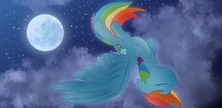 Size: 2274x1107 | Tagged: safe, artist:chocodamai, rainbow dash, pegasus, pony, g4, cloud, eyes closed, female, flying, full moon, mare, moon, night, night sky, sky, solo, spread wings, starry night, upside down, wings