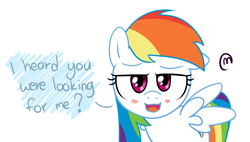 Size: 874x498 | Tagged: artist needed, safe, rainbow dash, pegasus, pony, g4, blushing, female, lidded eyes, partial color, simple background, solo, talking to viewer, white background
