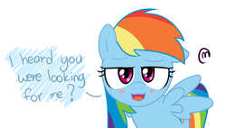 Size: 874x498 | Tagged: artist needed, safe, rainbow dash, pegasus, pony, g4, blushing, colored, female, lidded eyes, simple background, solo, talking to viewer, white background