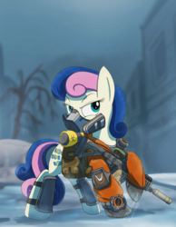 Size: 1056x1364 | Tagged: safe, artist:buckweiser, bon bon, sweetie drops, earth pony, pony, g4, clothes, dark zone, female, kriss vector, mare, mask, respirator, secret agent sweetie drops, snow, snowfall, submachinegun, suppressor, the division, tom clancy's the division, watch