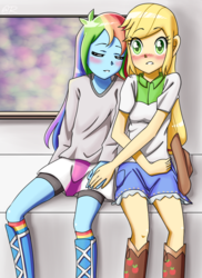 Size: 800x1100 | Tagged: safe, artist:tastyrainbow, applejack, rainbow dash, equestria girls, g4, blushing, boots, clothes, cute, dashabetes, female, food, hat, jackabetes, lesbian, ship:appledash, shipping, shoes, shy, sitting, skirt, sleeping, subway, sweater