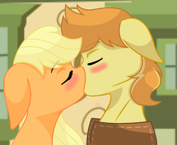 Size: 1392x1144 | Tagged: safe, artist:sapphireartemis, applejack, braeburn, pony, g4, applecest, cousin incest, duo, female, incest, kiss on the lips, kissing, male, ship:braejack, shipping, story included, straight