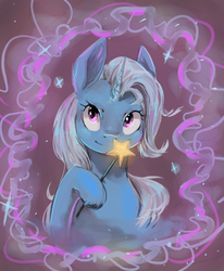 Size: 1000x1212 | Tagged: safe, artist:mequiloano, trixie, pony, unicorn, g4, clothes, cute, female, mare, smiling, solo, stars, wand