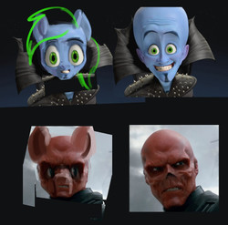Size: 459x454 | Tagged: safe, anonymous artist, alien, pony, 1000 years in photoshop, body horror, cursed image, megamind, megamind (character), not salmon, ponified, red skull, wat, what has science done, why