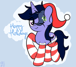 Size: 4000x3550 | Tagged: safe, artist:php142, oc, oc only, oc:purple flix, pony, unicorn, christmas, clothes, cute, hat, holiday, looking at you, male, mistletoe, one eye closed, raised hoof, santa hat, socks, solo, striped socks, text, wink