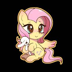 Size: 1024x1024 | Tagged: safe, artist:phobiaowl, fluttershy, pegasus, pony, rabbit, g4, black background, blushing, chibi, colored wings, colored wingtips, cute, female, heart eyes, hoof hold, mare, outline, shyabetes, simple background, sitting, smiling, solo, spread wings, turned head, two toned wings, wingding eyes, wings
