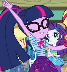 Size: 1013x1080 | Tagged: safe, screencap, applejack, rainbow dash, rarity, sci-twi, sunset shimmer, twilight sparkle, equestria girls, equestria girls specials, g4, my little pony equestria girls: better together, my little pony equestria girls: forgotten friendship, bracelet, clothes, cropped, crossed arms, cute, female, geode of super speed, geode of telekinesis, glasses, jewelry, magical geodes, offscreen character, ponytail, skirt, smiling