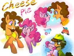 Size: 1600x1200 | Tagged: safe, artist:oofycolorful, cheese sandwich, pinkie pie, earth pony, pony, g4, blushing, clothes, eyes closed, female, hat, heart, looking at each other, male, mare, one eye closed, open mouth, party cannon, ship:cheesepie, shipping, smiling, stallion, straight