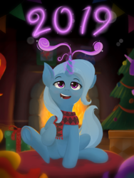 Size: 1536x2048 | Tagged: safe, artist:qzygugu, trixie, pony, g4, 2019, christmas, christmas tree, clothes, cute, diatrixes, female, fireplace, happy new year, holiday, magic, present, scarf, smiling, solo, tree