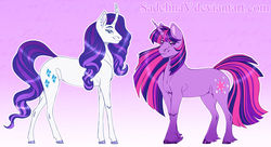 Size: 1280x694 | Tagged: safe, artist:sadelinav, rarity, twilight sparkle, pony, g4, alternate design, curved horn, horn