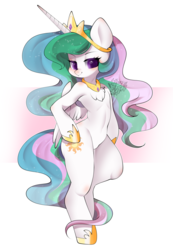 Size: 1038x1500 | Tagged: safe, artist:snow angel, princess celestia, alicorn, pony, semi-anthro, g4, arm hooves, bipedal, blushing, chest fluff, crown, featureless crotch, female, hooves on hips, jewelry, mare, regalia, smiling, solo