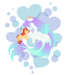 Size: 2274x2637 | Tagged: safe, artist:azure-art-wave, oc, oc only, oc:amphitrite, oc:posey, sea pony, seapony (g4), baby, bubble, crying, dorsal fin, female, fish tail, high res, mother and daughter, simple background, smiling, tail, tears of joy, underwater