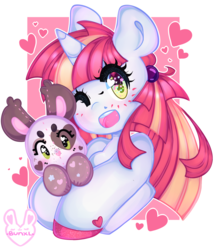 Size: 2581x3000 | Tagged: safe, artist:bunxl, oc, oc only, pony, female, heart, heart eyes, high res, mare, plushie, rainbow eyes, smiling, sparkly eyes, starry eyes, wingding eyes
