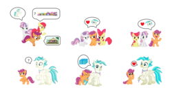 Size: 3044x1668 | Tagged: safe, edit, editor:proto29, apple bloom, scootaloo, sweetie belle, terramar, classical hippogriff, earth pony, hippogriff, pegasus, pony, unicorn, g4, comic, cutie mark crusaders, female, filly, foal, heart, interspecies, male, pictogram, ship:terraloo, shipping, straight, train