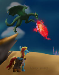 Size: 1024x1294 | Tagged: safe, artist:flamelight-dash, oc, oc:flamelight dash, dragon, clothes, clothing damage, cloud, cloudy, desert, duo, fire, male, sand, simple background, watermark