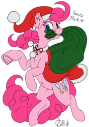 Size: 2122x3000 | Tagged: safe, artist:sepiakeys, pinkie pie, earth pony, pony, g4, belly button, cape, christmas, clothes, collar, female, hat, high res, holiday, mare, sack, santa hat, solo