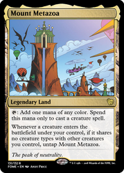 Size: 375x523 | Tagged: safe, artist:andypriceart, edit, idw, dragon, g4, spoiler:comic, spoiler:comic61, airship, ccg, hall of unity, hot air balloon, magic the gathering, mount metazoa, trading card, trading card edit, waterfall