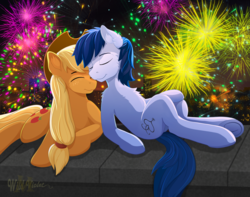 Size: 2200x1737 | Tagged: safe, artist:wildviolet-m, applejack, oc, oc:constance everheart, earth pony, pony, g4, canon x oc, commission, cowboy hat, everjack, eyes closed, female, fireworks, hat, male, shipping, smiling, stetson, straight