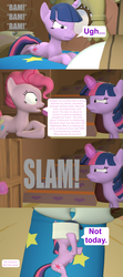 Size: 1920x4320 | Tagged: safe, artist:red4567, pinkie pie, twilight sparkle, pony, g4, 3d, bed, chaos, comic, day in ponyville, door, door slam, golden oaks library, implied evil pie hater dash, implied rainbow dash, pillow, source filmmaker