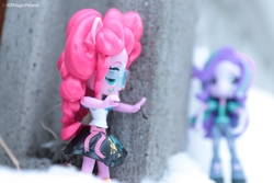 Size: 6000x4000 | Tagged: safe, artist:artofmagicpoland, pinkie pie, starlight glimmer, equestria girls, g4, about to be snowballed, doll, equestria girls minis, eqventures of the minis, female, hiding, irl, photo, toy