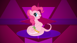 Size: 3840x2160 | Tagged: safe, artist:elsdrake, artist:laszlvfx, edit, gummy, pinkie pie, lamia, original species, g4, female, high res, lamiafied, looking at you, male, one eye closed, pinklamia pie, smiling, solo, species swap, wallpaper, wallpaper edit, wink