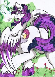 Size: 2480x3507 | Tagged: safe, artist:friskyhellspawn, oc, oc only, oc:solestiaglimmers, alicorn, pony, alicorn oc, butt, butt freckles, cute, freckles, high res, magic, original character do not steal, plot, solo, sparkles, watercolor painting