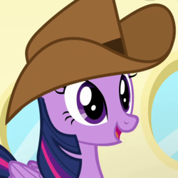 Size: 580x580 | Tagged: safe, screencap, twilight sparkle, alicorn, pony, g4, once upon a zeppelin, cowboy hat, cropped, female, hat, mare, solo, stetson, twilight sparkle (alicorn)
