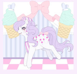 Size: 906x882 | Tagged: safe, artist:reachfarhigh, scoops, pony, g1, bow, bucking, cute, female, food, g1betes, ice cream, ice cream cone, solo, tail bow, the earth pony that flew, twice as fancy ponies