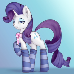 Size: 4093x4093 | Tagged: safe, artist:renderpoint, rarity, pony, unicorn, g4, absurd resolution, clothes, female, mare, scarf, socks, solo, striped socks