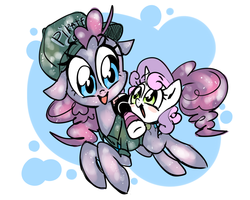 Size: 1280x1024 | Tagged: safe, artist:thegreatrouge, pinkie pie, sweetie belle, pony, g4, alice williams, clothes, crossover, cute, detroit: become human, diapinkes, diasweetes, duo, floppy ears, hat, jerry (detroit: become human), open mouth