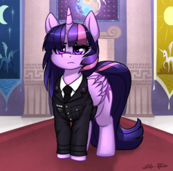 Size: 2148x2120 | Tagged: safe, artist:duop-qoub, twilight sparkle, alicorn, pony, descended twilight, g4, clothes, female, high res, mare, medal, solo, standing, twilight sparkle (alicorn), twilight sparkle is not amused, unamused, uniform, wings