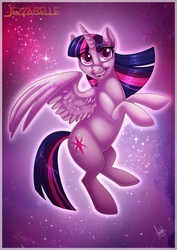 Size: 827x1169 | Tagged: safe, artist:jezzabelle, twilight sparkle, alicorn, pony, g4, cutie mark, female, looking at you, mare, solo, spread wings, twilight sparkle (alicorn), wings