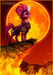 Size: 827x1169 | Tagged: safe, artist:jezzabelle, tempest shadow, pony, g4, armor, eye scar, female, fire, glowing horn, horn, lidded eyes, scar, serious, serious face, solo