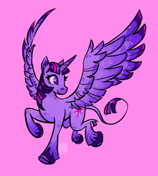 Size: 1260x1407 | Tagged: safe, artist:lalou, twilight sparkle, alicorn, pony, g4, colored wings, cute, ear fluff, female, leonine tail, mare, no pupils, pink background, signature, simple background, solo, starry eyes, twiabetes, twilight sparkle (alicorn), unshorn fetlocks, wingding eyes