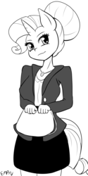 Size: 500x1000 | Tagged: safe, artist:empyu, rarity, unicorn, anthro, g4, business suit, businessmare, clothes, female, hair bun, looking at you, monochrome, skirt, skirt suit, smiling, solo, suit