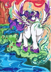 Size: 2480x3507 | Tagged: safe, artist:friskyhellspawn, oc, oc only, oc:solestiaglimmers, alicorn, pony, alicorn oc, freckles, high res, messy, small head, solo, sparkles, watercolor painting