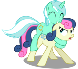 Size: 4500x4000 | Tagged: safe, artist:mundschenk85, bon bon, lyra heartstrings, sweetie drops, earth pony, pony, unicorn, comic:all in good fun, g4, ^^, absurd resolution, bon bon is not amused, duo, duo female, eyes closed, female, floppy ears, glomp, mare, show accurate, simple background, transparent background, unamused, vector