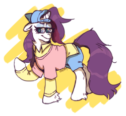 Size: 800x739 | Tagged: safe, artist:kittycoot, rarity, pony, unicorn, friendship university, g4, abstract background, alternate hairstyle, backwards ballcap, baseball cap, cap, clothes, colored pupils, disguise, female, floppy ears, hat, leg fluff, plainity, solo