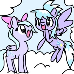 Size: 600x600 | Tagged: safe, artist:fruitriver, cloudchaser, flitter, pegasus, pony, g4, cloud, duo, female, flying, folded wings, mare, open mouth, sky, smiling, spread wings, standing, wings