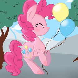 Size: 750x750 | Tagged: safe, artist:fruitriver, pinkie pie, earth pony, pony, g4, cloud, eyes closed, female, hoof hold, mare, sky, smiling, solo, tree