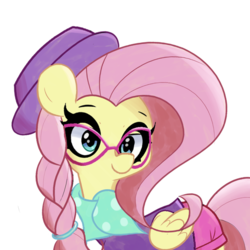 Size: 1300x1300 | Tagged: safe, artist:kindakismet, fluttershy, pegasus, pony, fake it 'til you make it, g4, alternate hairstyle, braid, clothes, cute, female, glasses, hat, hipstershy, scarf, shyabetes, simple background, solo, white background