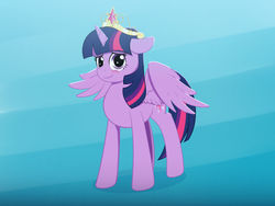 Size: 1024x768 | Tagged: safe, artist:coramino, twilight sparkle, alicorn, pony, g4, big crown thingy, blushing, crown, female, jewelry, mare, regalia, smiling, solo, spread wings, twilight sparkle (alicorn), wings
